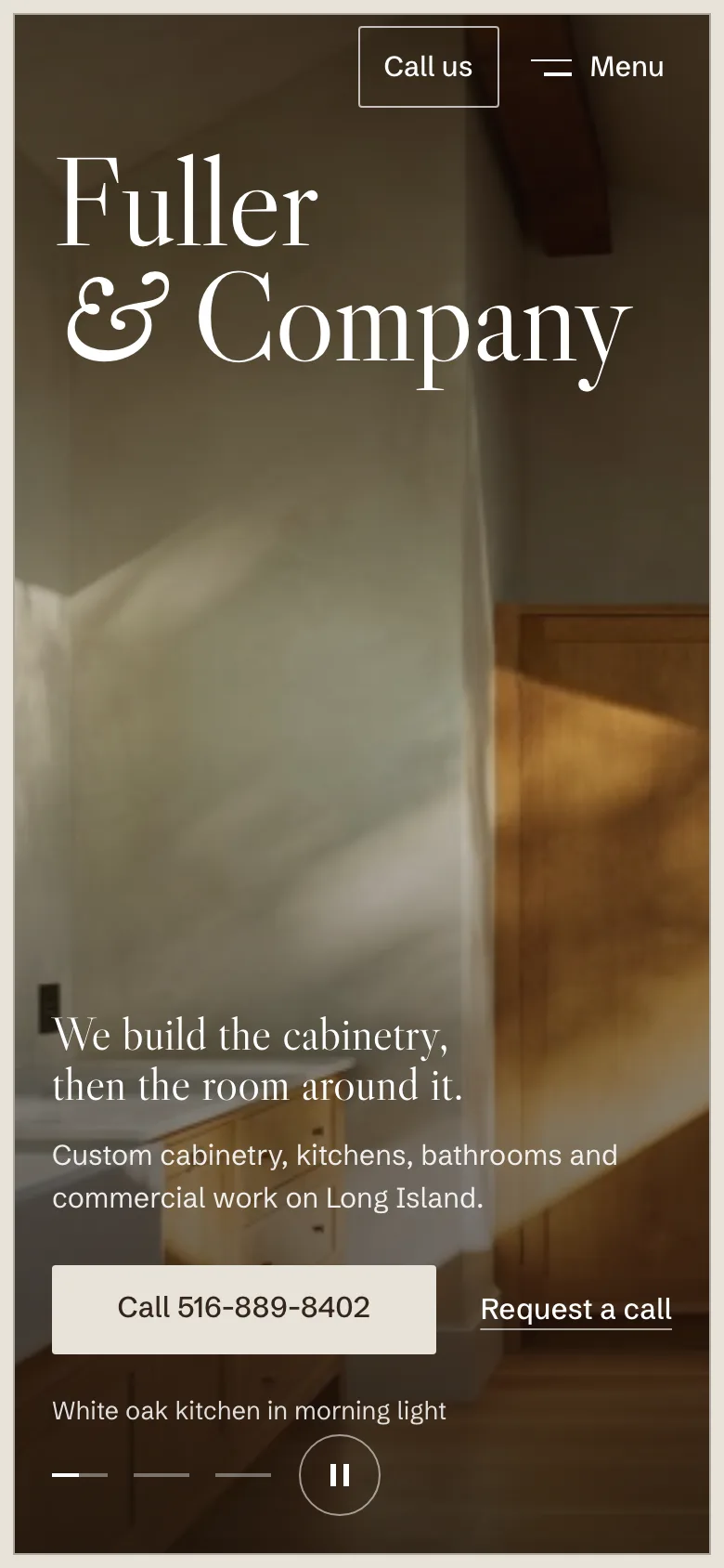 The same homepage on a phone: the stacked name and the kitchen photograph, with a compact menu and call button.