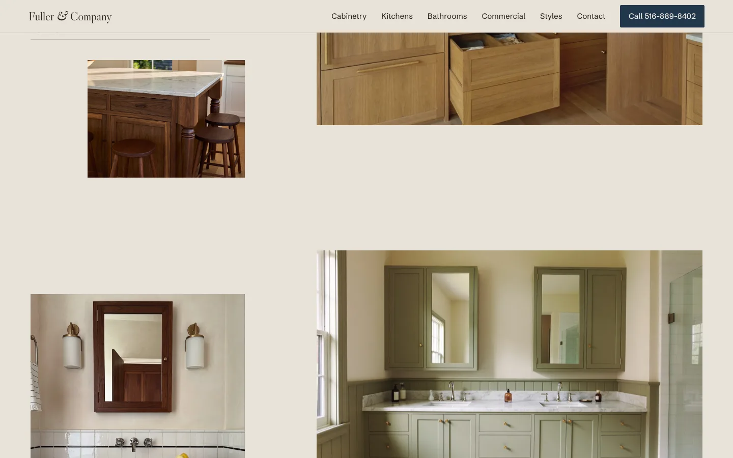 Fuller & Company kitchens and bathrooms section: a wood island with stools, open wood drawers, a dark wood mirror over a tiled basin and a sage green double vanity.