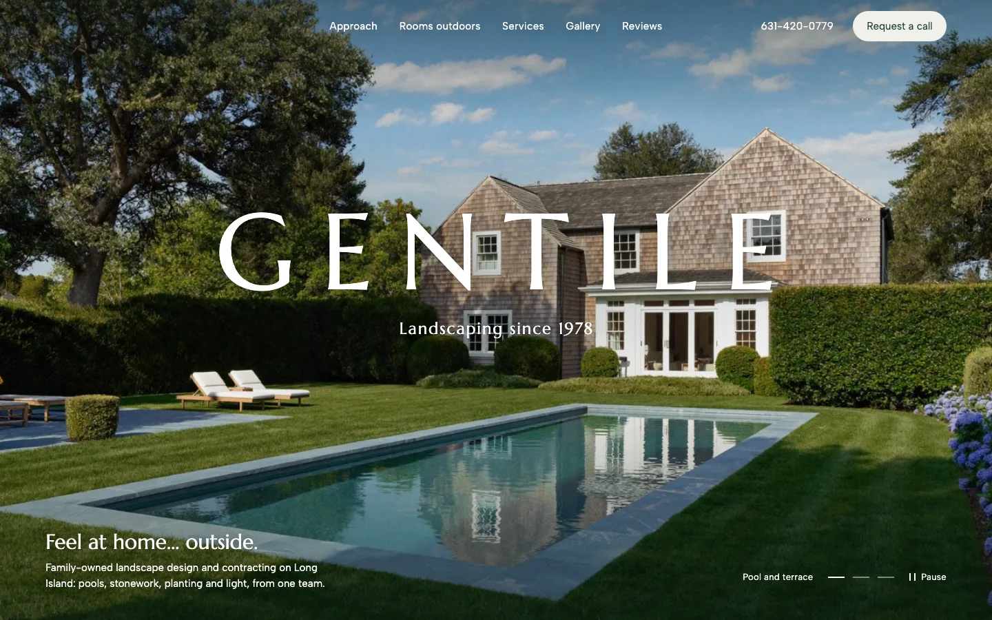 Gentile Landscaping homepage: a shingled house, lawn and pool on a summer day, with the Gentile wordmark centered above.