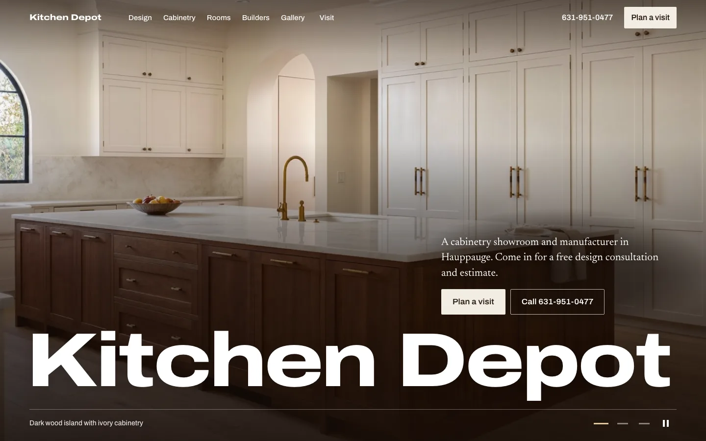 Kitchen Depot homepage: a bright kitchen with white cabinetry and a dark wood island, with the name in bold white type.