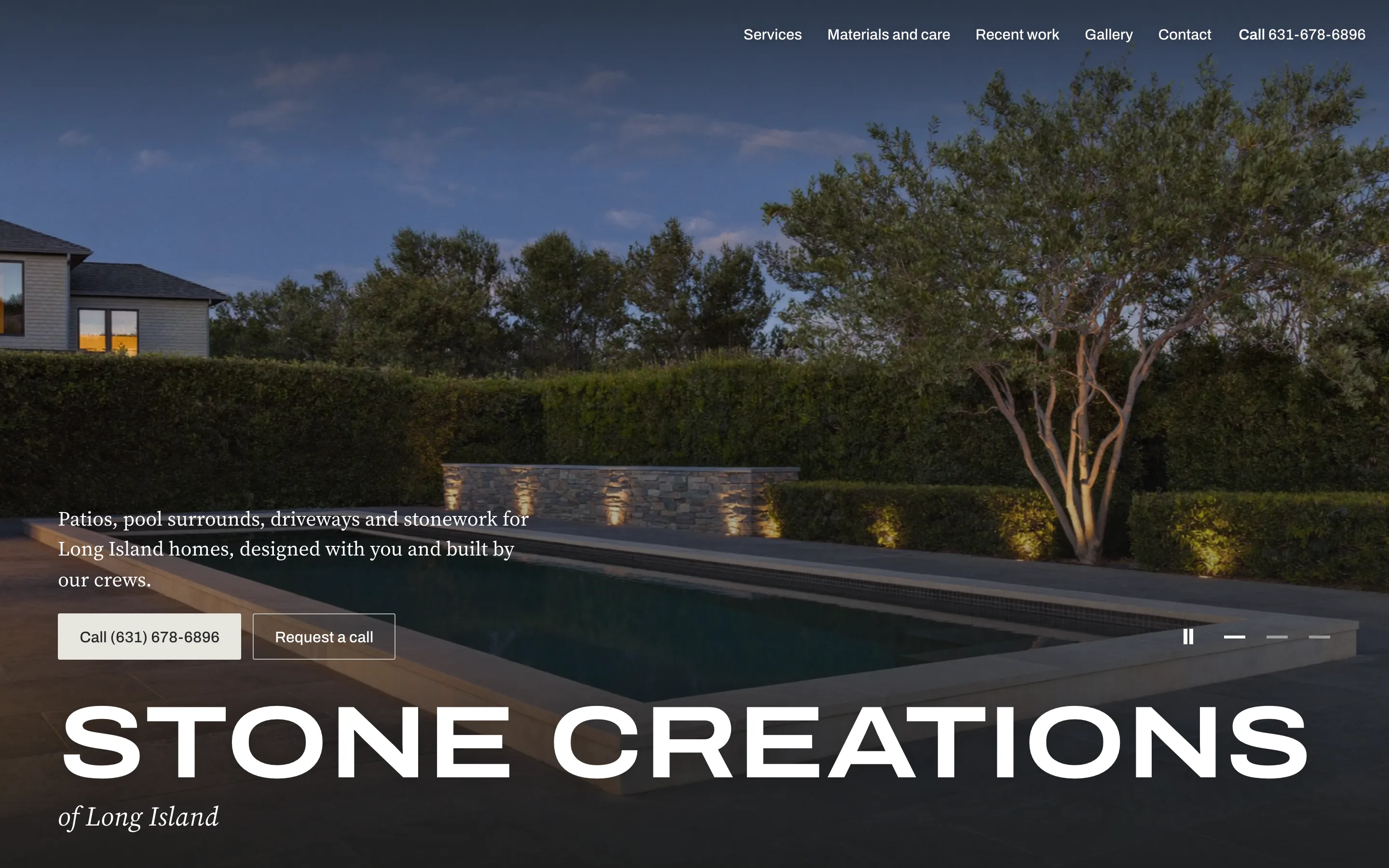 Stone Creations of Long Island homepage: a lit pool and stone terrace at dusk, with a broad white wordmark across the foot of the photograph.