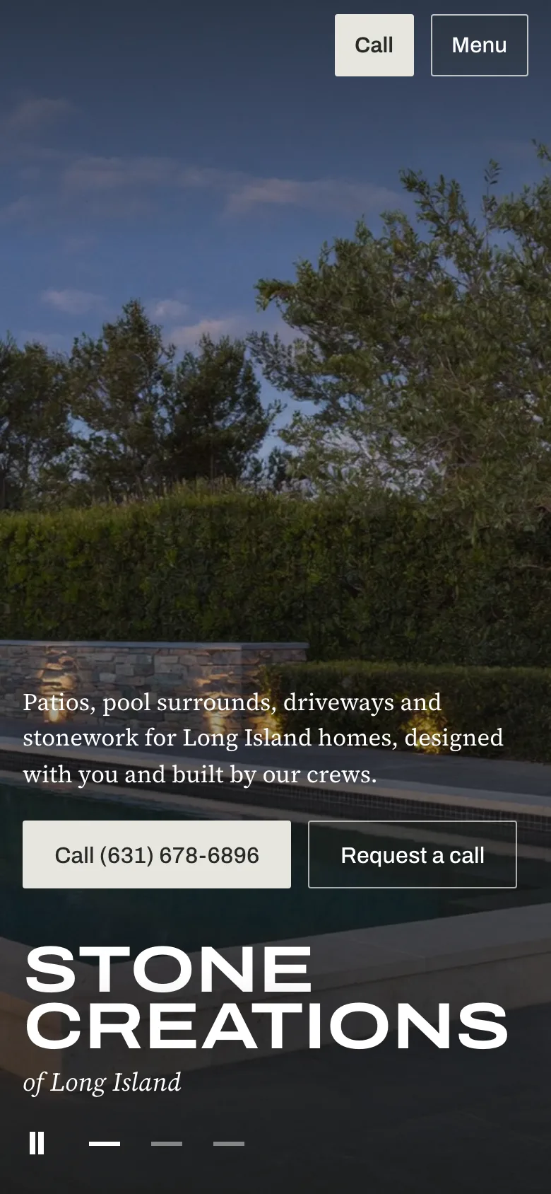 Stone Creations homepage on a phone: the same evening terrace with the stacked wordmark, call and request buttons.