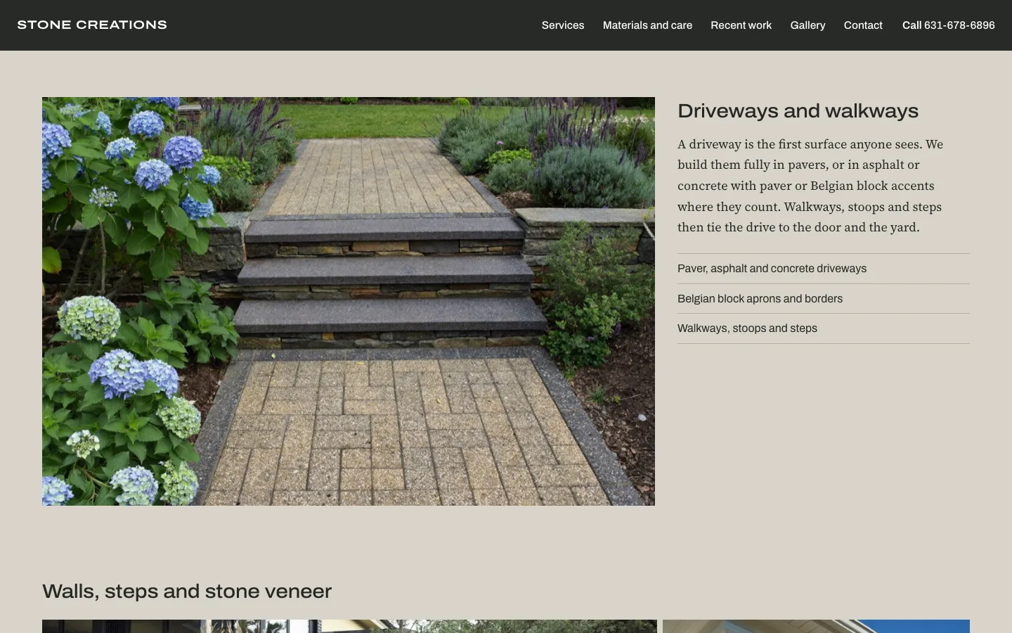 Stone Creations driveways and walkways section: a paver path with stone steps between blue hydrangeas.